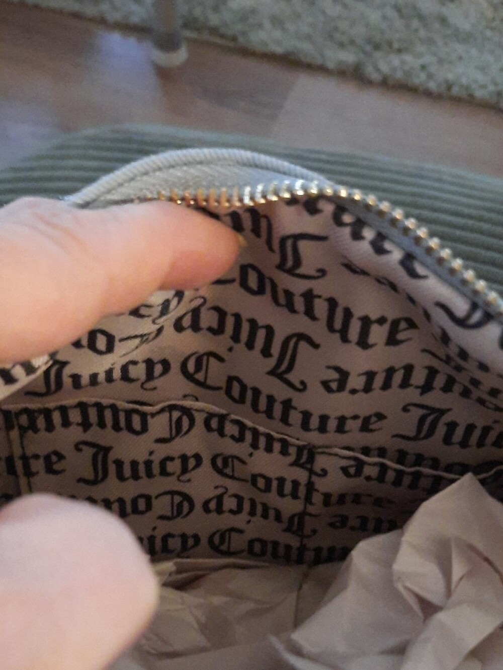 Juicy Couture Gray Monogram Crossbody with Beige Trim and Red Strawberry Charm - Picture 4 of 5